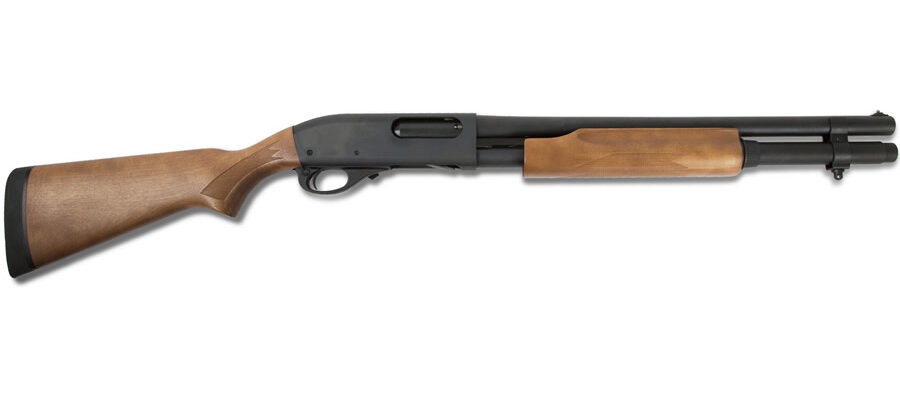 Pump-action shotgun with a wood stock and black metal barrel and forend, shown against a plain white background