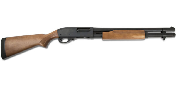 Pump-action shotgun with black metal finish and wood-toned stock and foreend, studio shot on white background