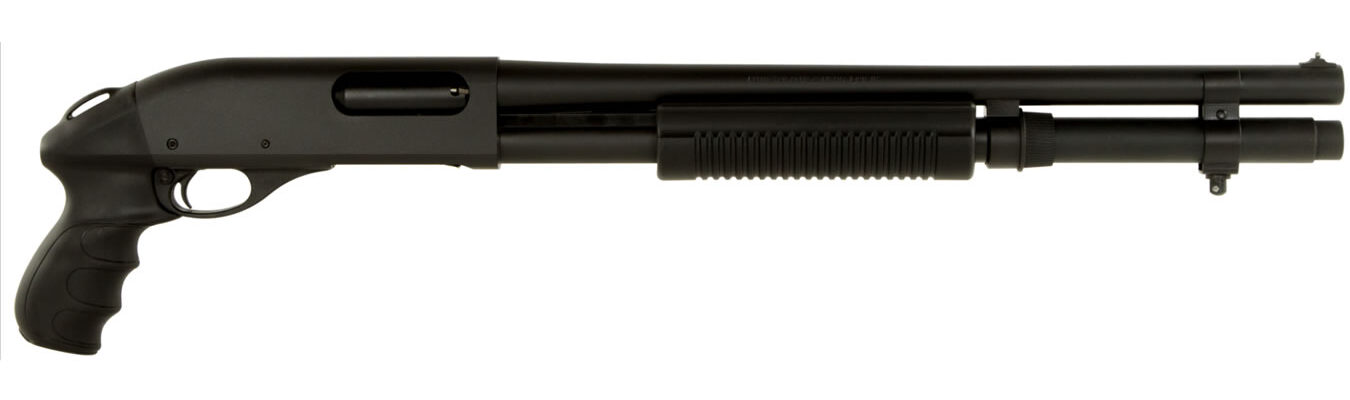 Black pump-action firearm with a pistol grip, shown against a plain white background