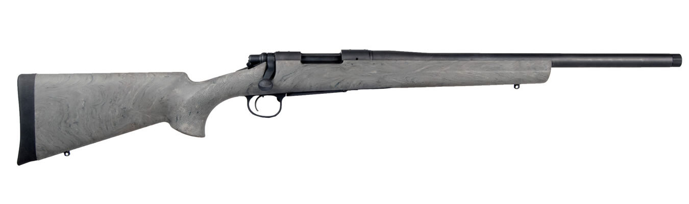 Bolt-action rifle with a gray textured stock and black metal barrel, studio shot on a plain white background